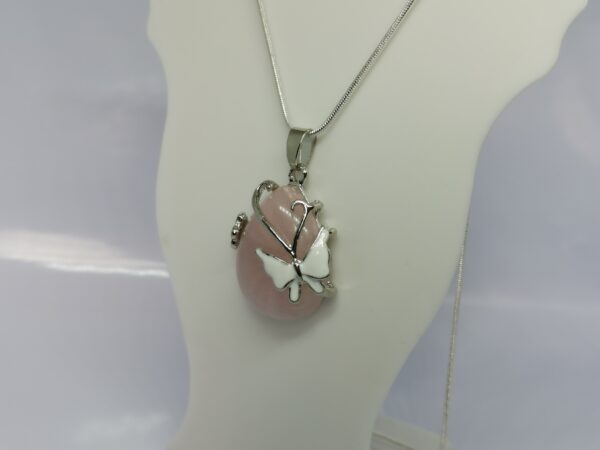 Sterling Silver Snake Chain Necklace with Pink Rose Quartz Tear Drop Butterfly Pendant - Image 3