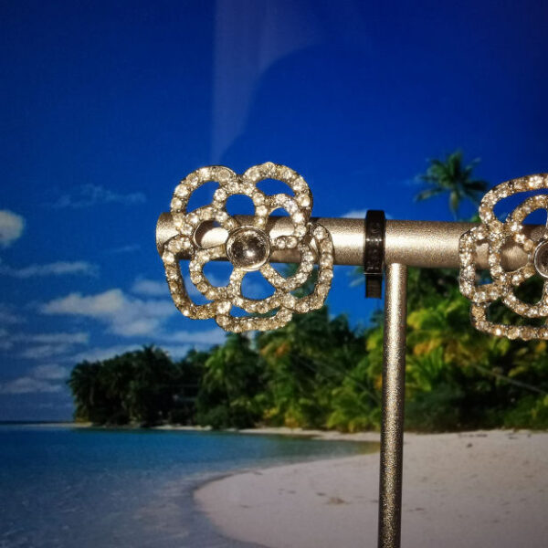 Silver Flower Shaped Earrings with Clear Rhinestones - Image 3