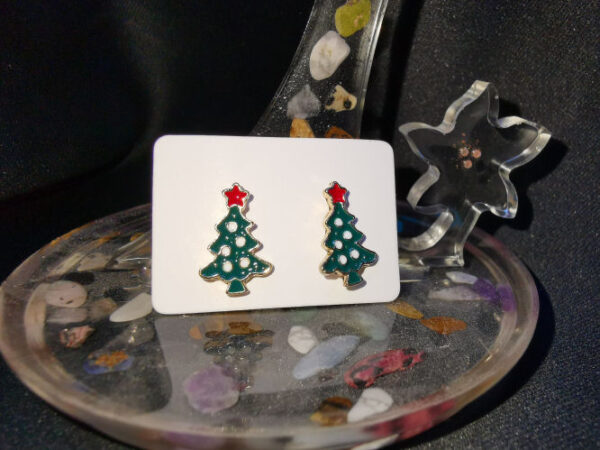 Gold Coloured Christmas Red Green White Tree Stud Metal Earrings