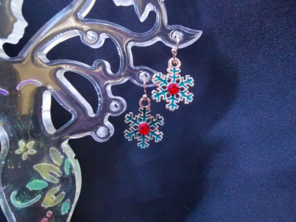 Gold Coloured Green and Red Snowflake Hanging Christmas Metal Earrings