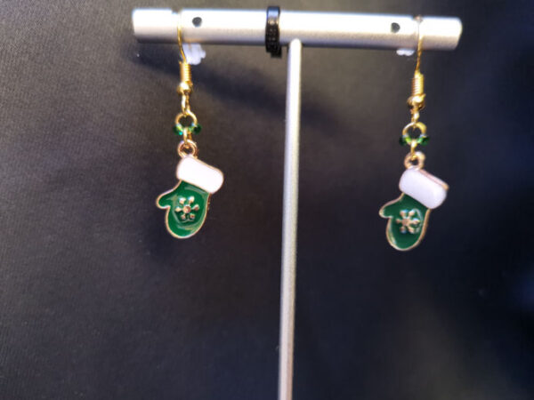 Green and White Christmas Mitten Glove Snow Gold Coloured Metal Earrings